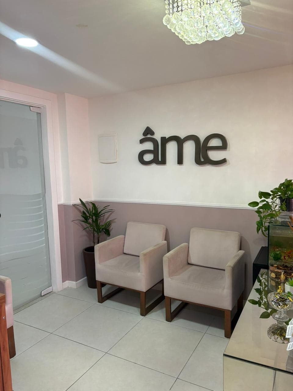 Recepção da Clínica Âme com a marca na parede e poltronas claras.